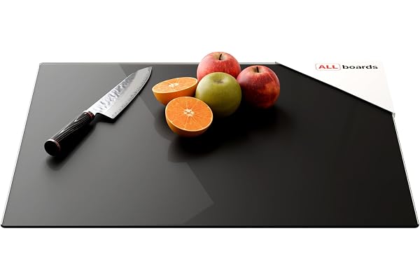 ALLboards Plaque de Protection en Verre Trempé Universel et Multifonction 60x52cm avec Style Noir Sombre, Planche à Découper, Plateau en Verre