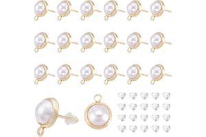 DICOSMETIC 20Pcs Pearl Stud Earring Findings 18K Gold Plated Brass Stud Earring Plastic Imitation Pearl Earring Post Half Round Stud Earring with 40Pcs Plastic Ear Nuts for DIY Earring, Hole: 1.8mm