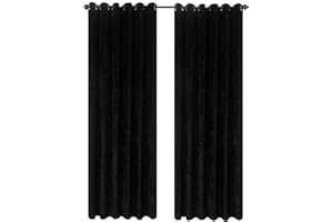 CHARKHAH Crushed Velvet Curtains for Bedroom Living Room Kitchens Ultra Soft and Graceful Fabric Pair of Fully Lined Prepared Blackout Curtain with Eyelet Ring Top (Black, 90" Wide x 90" Drop)