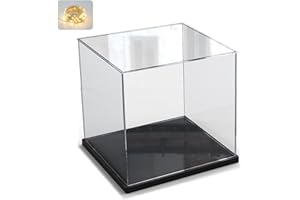 ELEPURE Addensato Vetrina Espositiva Teca Plexiglass Acrilico per Lego 10309 21265 75328 76428 Collezionismo, Vetrina Trasparente Cubo Scatola con Luce di Stringa, Interno Nero 20x20x20cm