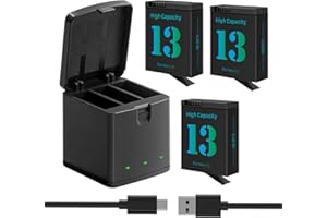 TQTHL 3 sztuki Hero 13 ładowarka do akumulatora, zestaw 2800 mAh, zapasowy akumulator typu C LED, trójkanałowa ładowarka do Hero 13 Black w pełni kompatybilna z oryginalnym (3 sztuki baterii + 1 sztuka