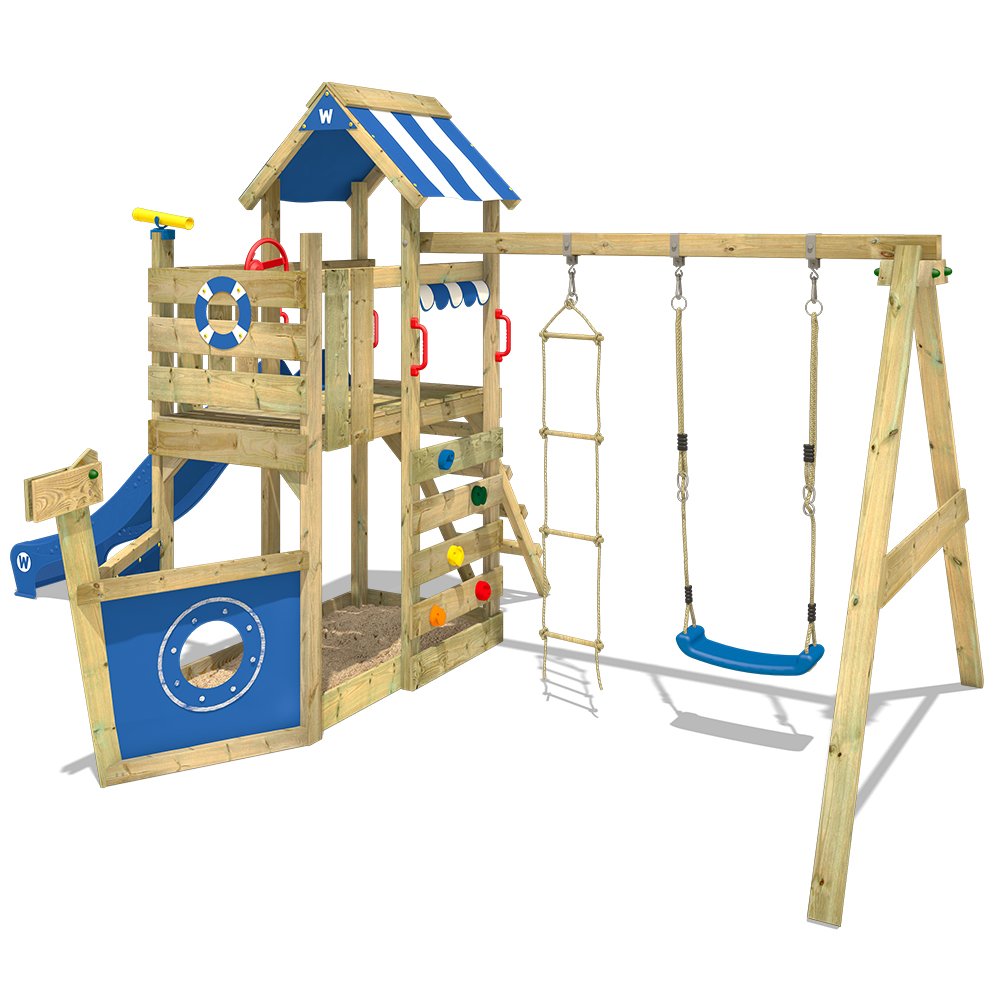 Wickey-Aire-de-Jeux-SeaFlyer-Portique-de-Jeux-en-Bois-Maison-pour-Jardin-avec-balanoire-Toboggan-Mur-descalade-chelle-de-Cordes-bac--Sable-Accessoires