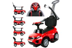 SUN BABY Coche tobogán para niños 4en1, a Partir de 1 años, Coche empujador con claxon y música, Espacio para Guardar Cosas Debajo del Asiento (Rojo)