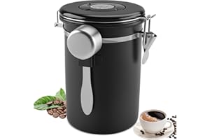 Vexillic Bote Cafe de Acero Inoxidable 304, 1.8L Tarro de Café Hermético con Cuchara Rastreador de Fecha para Cafe Grano, Cafe Molido o Té (negro)