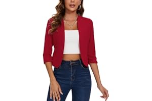 LADI TREND Womens Cropped Blazer Collarless Suits & Blazers Open Front Jackets 3/4 Ruched Sleeve Outerwear Half Linen Cardigan
