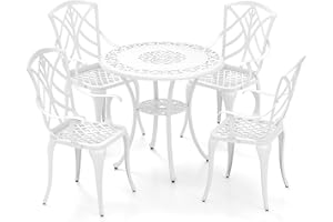 TANGZON 5 Pieces Patio Dining Set, Cast Aluminum Outdoor Table and Chairs with Umbrella Hole & Elegant Pattern, All-weather Garden Furniture Set for Lawn, Backyard, Balcony (Table+4 Chairs)
