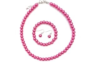 Caprilite Fuchsia HOT Pink Classic Faux Pearl Necklace Earrings & Bracelet Jewellery Set Vintage