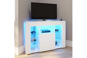 ELEGANT 100cm LED Corner TV Unit High Gloss Modern TV Stand Cabinet with Ambient RGB Lights for 32 40 45 50 inch 4k TV Living Room and Bedroom Furniture with Storage, White