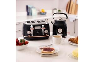 CHARLES BENTLEY Kettle And Toaster Set, 1.7 Litre Kettle, & 4 Slice Toaster Set, Black and Gold Coloured, Fast Boil, 360 Degree Swivel Base, Removable Water Filter, Non Slip Feet (60x35x26cm)