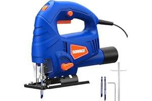 SORAKO 600W Corded Jigsaw for Wood & Metal | 800-3000SPM Electric Jigsaw with 6 Speeds + 3 Orbital Settings | 45° Bevel Cutting, 60mm Wood Cutting Depth