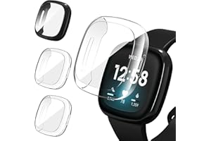 iVoler 3 Pezzi HD Clear Cover con Pellicola Protettiva per Fitbit Versa 3 / Fitbit Sense, Copertura Completa Custodia Anti-Graffio Ultra Sottile Morbida TPU Case, 2 Trasparente + 1 Nero