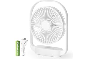 Bigqin USB Ventilator, Tischventilator Leise mit 4 Geschwindigkeiten Mini Ventilator Fan, 330° Einstellbar, 4000mAh Ventilatoren mit LED Licht für Büro Schlafzimmer Camping - Weiß