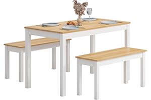 SogesGame 4-Teiliges Esstisch-Set – Massivholz-Esstischset aus Kiefernholz mit 1 Tisch & 2 Bänken, platzsparendes (108x65x73cm Tisch, 90x32x44cm Bänke), Ideal für kleine Wohnungen, Küche & Studio
