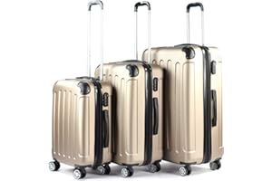 T-LOVENDO.ES T-LoVendo Hk-909 Juego de 3 Maletas Set Trolley ABS Semirigidas Candado 4 Ruedas Dorado