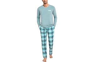 Leversic Pijama de Invierno Hombre Algodón Conjunto de Pijama a Cuadros Conjunto de Ropa de Dormir de Cuello Redondo Pijama de Manga Larga y Pantalones de Dormir a Cuadros Largos
