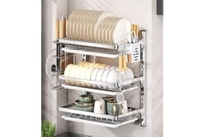 BOCbco Scolapiatti a Parete Dish Rack con Rimovibile Vassoio Gocciolamento acciaio inox da appendere pieghevole in Portabicchieri ciotola Mensole Cucina Dish Drainer pensile/With 40cm rod