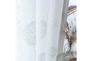 MRTREES woal, haftowane zasłony, 2 panele, sztuczny len, oczka, zasłona do sypialni / salonu / patio / na drzwi, 140 x 225 cm, białe