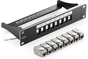 deleyCON 8 Puerto Panel de Parches Conjunto Modular 1 HE 10" Pulgadas Instalación en Rack + 8 Módulos RJ45 Keystone CAT6a Compatible con CAT5 CAT6 CAT7 LAN Cables de Red Cables de Descarga Negro