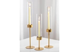 Sziqiqi Złoty świecznik z huraganem: świecznik ze szklanym cylindrem do centralnego stołu weselnego - zestaw 3 metalowych stożkowych świeczników na Boże Narodzenie Kuchenka Kuchenka Dekoracja