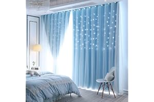 Lanqinglv Star Blackout Curtains with Nets,Blue Star Panels Nursery Double Layer Window Curtains for Kids Girls Room Bedroom Living Room Decoration,2 Panels,W 52 in x L 84 in