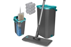 Masthome Mocio Lavapavimenti e Secchio Strizzatore, Mocio Piatto in Microfibra con 6 Panni Riutilizzabili, Mocio con Secchio Autopulente, Mop Pavimenti per Parquet Legno, Grigio