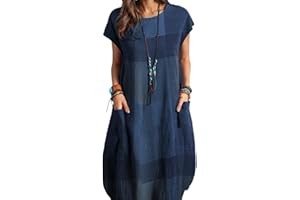 ZANZEA Women Summer Dresses Cotton Linen Dress Plus Size Short Sleeve Baggy Printed Casual Midi Dresses with Pockets