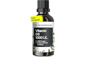 ‎NATURAL ELEMENTS natural elements Vitamin D3 Tropfen – 1000 I.E. pro Tagesdosis (1 Tropfen) – Langzeitvorrat mit 50 ml – für beste Bioverfügbarkeit in MCT-Kokosöl gelöst – flüssig, hochdosiert, vegetarisch