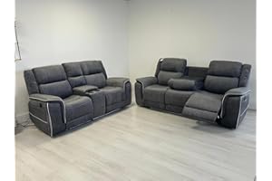 GENERIC Hannah Electric Recliner 3+2 Sofa Set With Cupholders – 3+2 Seater – Soft Grey Micro Fabric – LED Lights & USB Ports (3+2 Seater)