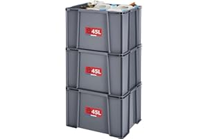 SUNDIS Master Box, lot de 3 bacs de rangement 45L en plastique recyclé, robustes et renforcés, parois droites, superposables et combinables, idéals pour l’atelier, le bricolage ou le transport