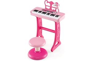 RELAX4LIFE Piano Infantil 37 Teclas con Micrófono, Taburete, Atril, Grabación y Reproducción, Volumen Ajustable, Karaoke Infantil con 22 Canciones, 4 Ritmos, 4 Instrumentos para Niños 3+ Años (Rosa)
