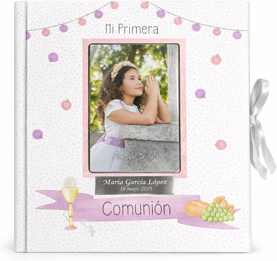 Libro de comunión para firmas y fotos, personalizado con placa grabada con nombre y fecha - Libro para dedicatarias - Album para comunión. (Rosa 24)