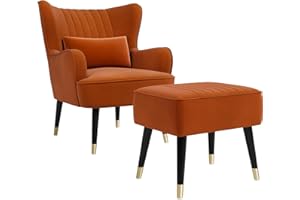 Vesgantti Velvet Armchair with Footstool and Lumbar Pillow, Modern Wing Back Accent Chair with Ottoman, Large Cuddle Chair for Living Room Bedroom Study Room Office(Orange)