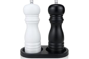 BOCHION Macina Pepe, Macina Sale e Pepe Manuale con Vassoio, Macinapepe Manuale per Legno con Regolabile in Ceramica, Macinino Grande per Pepe e Sale, 2 Pezzi (Bianco e Nero)