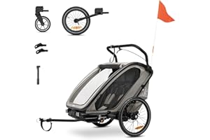 hauck Remorque Velo et Poussette Bike N Walk Duo, Chariot Enfant 2 Places, 6 Mois et Jusqu'à 22 kg - 120 cm avec Suspension, Frein à Main, Dossier Réglable, Coffre et Accessoires, Gris Clair