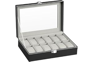 RDDAIPE Porta Orologi a 12 Posti, Porta Orologi Uomo Donna, Scatola Orologi con Coperchio in Vetro, Cuscini Rimovibili, PU Portaorologi, Idea Regalo Portagioie Uomo Organizer per Orologi, Grigi