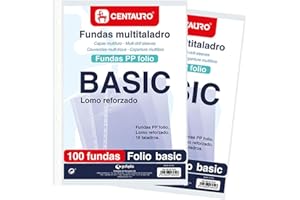 Centauro | 2 Packs de 100 Fundas Multitaladro | 16 Taladros | Tamaño Folio | Polipropileno Estándar Liso | Perfectas para Archivar Documentos de Oficina, Escolar o Uso Doméstico