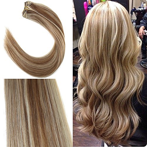 YoungSee 100% Human Hair Weft Extensions 1 Bundle 100G Piano Colour #6 Medium Brown With #613 Bleach Blonde Remy Straight Hair Weave Extensions 8A Grade 14inch