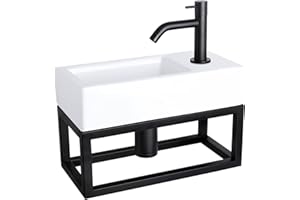 Differnz Ravo Waschbecken mit Handtuchhalter - Waschtisch Keramik Weiß - Gebogener Kaltwasserhahn Schwarz - Komplettset mit Armaturen Schwarz - 38.5 x 18.5 x 9 cm