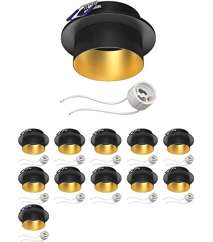 6x Einbaustrahler Rahmen Set Schwarz/Gold, Rund – Für GU10/MR16 Leuchtmittel, 100 Mm Durchmesser, 75 Mm Bohrloch, Aus Aluminium
