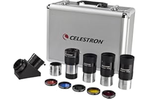 Celestron 94305 2 inch Eyepiece & Filter Kit, 12 piece - Includes 2" Mirror Diagonal, Diagonal Adapter, 3 x E-lux 2" Eyepieces, 2X Barlow Lens, 5 Coloured Flters and Aluminium Hard Case, Silver