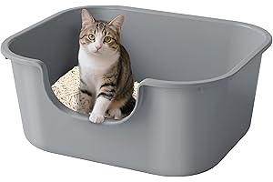 Pawsayes Top Open Cat Litter Tray with High Sided and Low Threshold Entry Cats Litter Box Leak Proof and Cat Litter Splash Prevention Litter Pan (Grey)