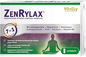 ‎VITALITY NUTRITIONALS ZenRylax, Innovativer Stress Komplex, Dauerstress & Erschöpfung Starke Nerven Anti Stress. Ashwagandha, Rhodiola Rosea, L-Theanin, Folsäure. 30 kapseln. Vitality Nutritionals by VitaminExpress