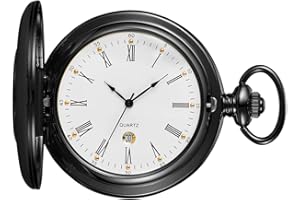 Tiong Orologio da tasca vintage con catena con numeri romani, scala unica al quarzo con calendario, orologio da taschino, regalo di compleanno, festa del papà