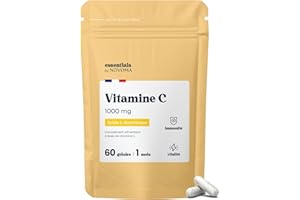 Vitamine C 1000mg, Réduit la Fatigue et Soutient le Système Immunitaire, Cure de 1 mois, 60 Gélules Végétales, 100% Acide Ascorbique Pur, Fabriqué en France, Essentials by Novoma