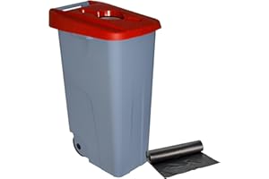 Contenedor de Residuos Reciclo 110L Rojo con Tapa Abierta y Ruedas – Plástico Resistente, Encajable, Asa Ergonómica, Ideal para Residuos Sanitarios y Colectividades | Denox