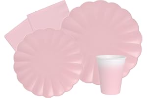 Ciao Kit Vajilla de Fiesta Flower Shape para 8 personas (44 pcs: 8 platos Ø23cm, 8 platos Ø18cm, 8 vasos 250ml, 20 servilletas 33x33cm) de papel compostable eco-friendly, rosa pastel