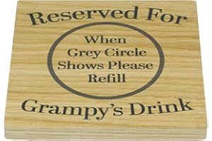 MORNNG CUPPA LAUGH SHARE REPEAT Solid Oak Coaster Reserved For Grampy's Drink. For A New Grandparent. Birthday Present, Christmas Stocking Gift for Grampy. 9.8cm x 9.8cm Drinks Mat. Grey
