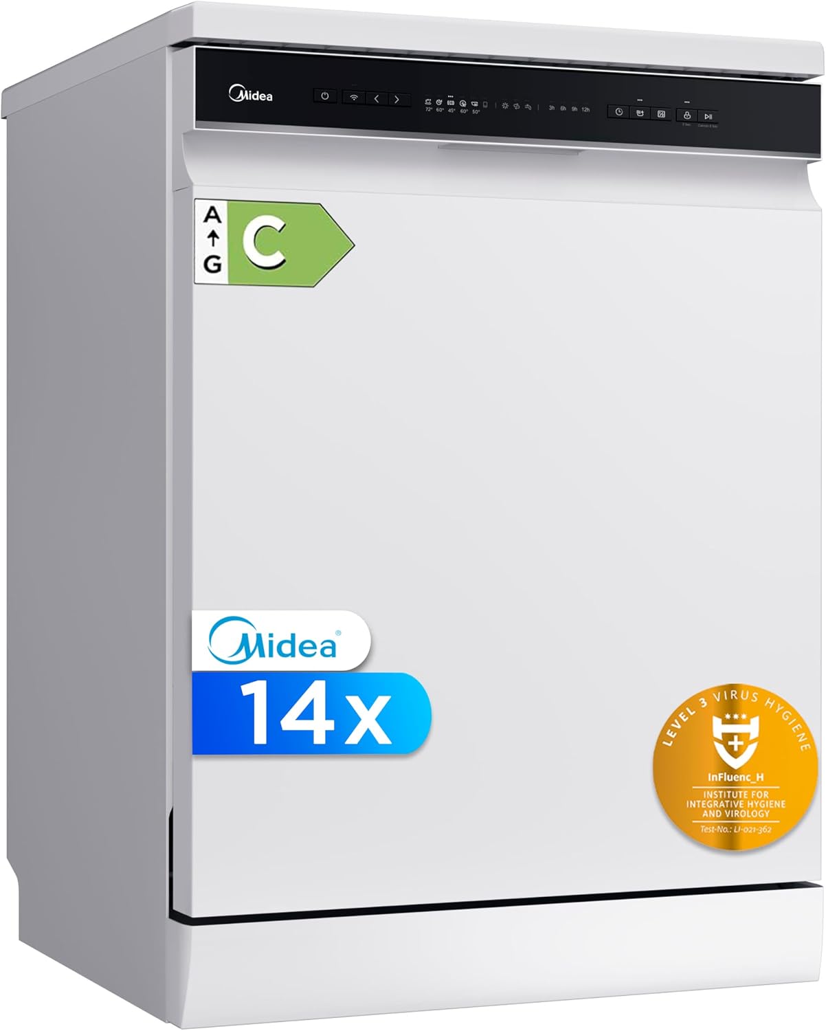 Midea Lavavajillas 60 cm+++ Blanco para 14 servicios - Lavaplatos libre instalación - Compacto con 10 Programas de Lavado integrable - Filtro Antibacterias y Programación Horaria Nuevo Modelo
