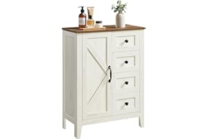 ‎VASAGLE VASAGLE Kolekcja LIRY - szafka do przechowywania, szafka łazienkowa w stylu wiejskim, z 4 szufladami, drzwi, wolnostojąca szafka, regulowane półki, biały vintage BBK753W01