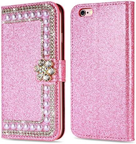 iPhone 5 5S SE Case,Luxury Shiny Sparkle Glitter Bling PU Leather [Magnetic Closure]Inner Soft TPU Case with [Card Slots] Stand Function Cover Case for iPhone 5/5S/SE- Pink